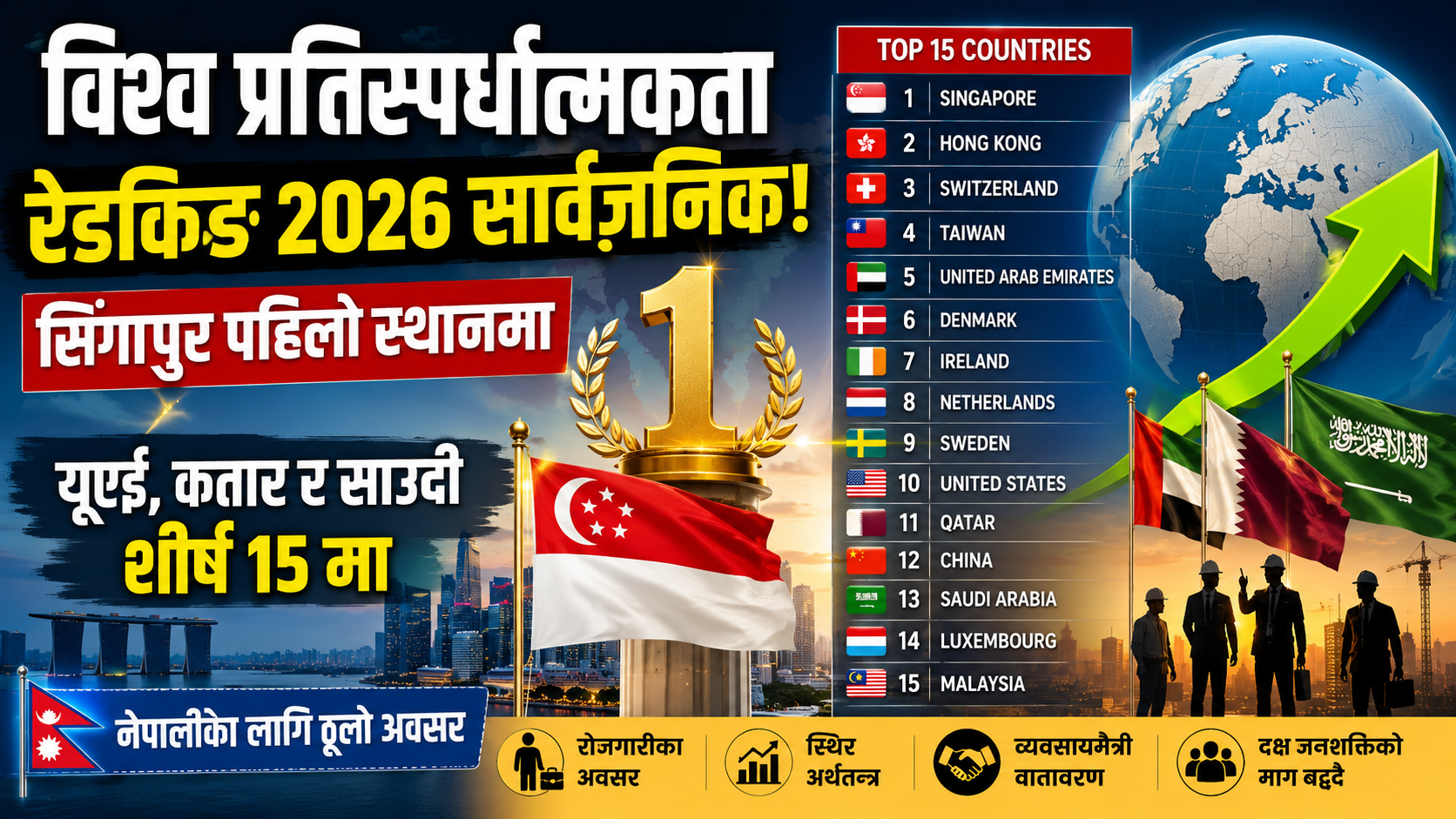 विश्व प्रतिस्पर्धात्मकता रैंकिङ २०२६ सार्वजनिक: सिंगापुर पहिलो, नेपालीका प्रमुख गन्तव्य यूएई, कतार र साउदी शीर्ष देशको सूचीमा