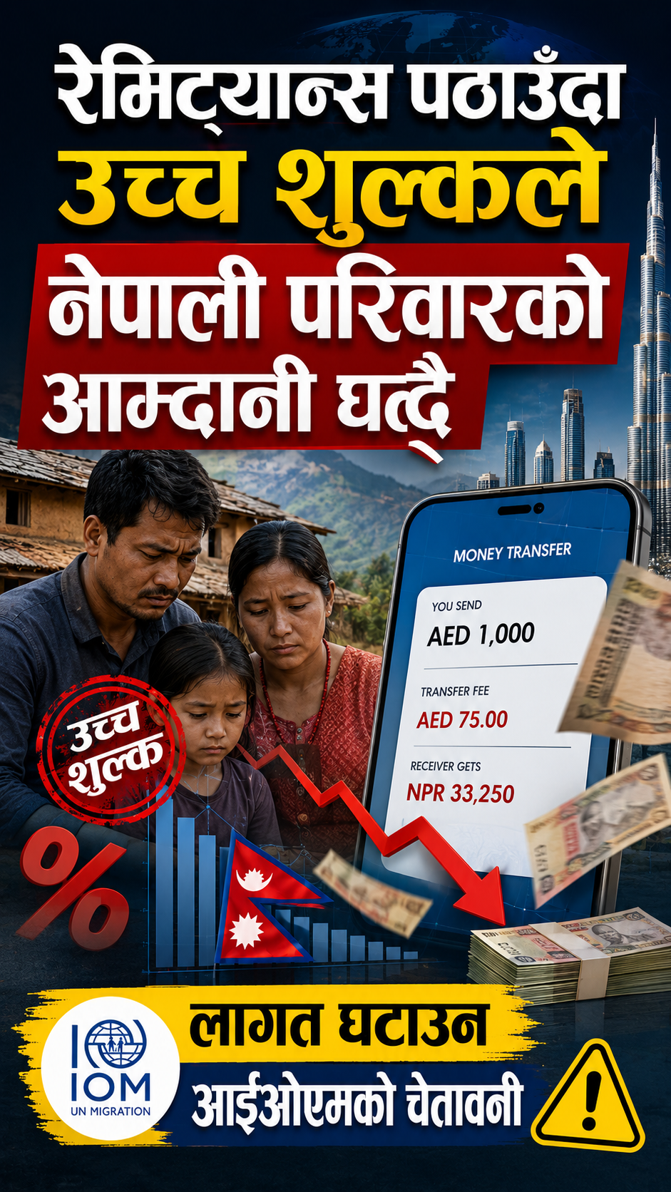 रेमिट्यान्स पठाउँदा उच्च शुल्कले नेपाली परिवारको आम्दानी घट्दै, लागत घटाउन आईओएमको चेतावनी