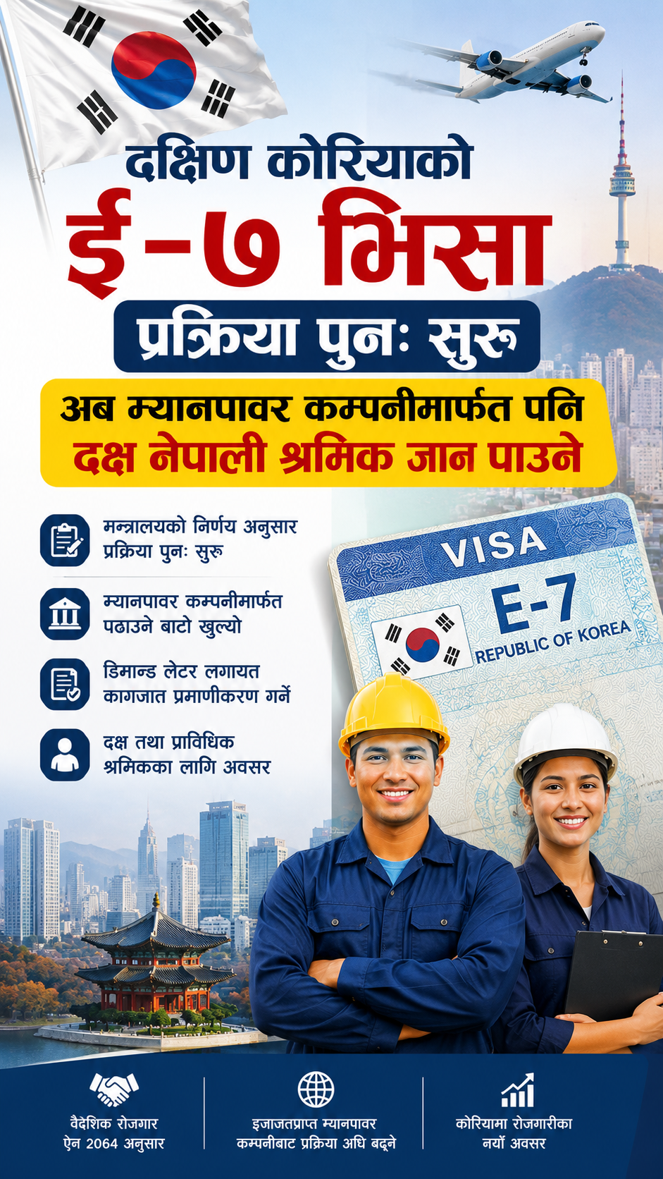 दक्षिण कोरियाको ई–७ भिसा प्रक्रिया पुनः सुरु, अब म्यानपावर कम्पनीमार्फत पनि दक्ष नेपाली श्रमिक जान पाउने